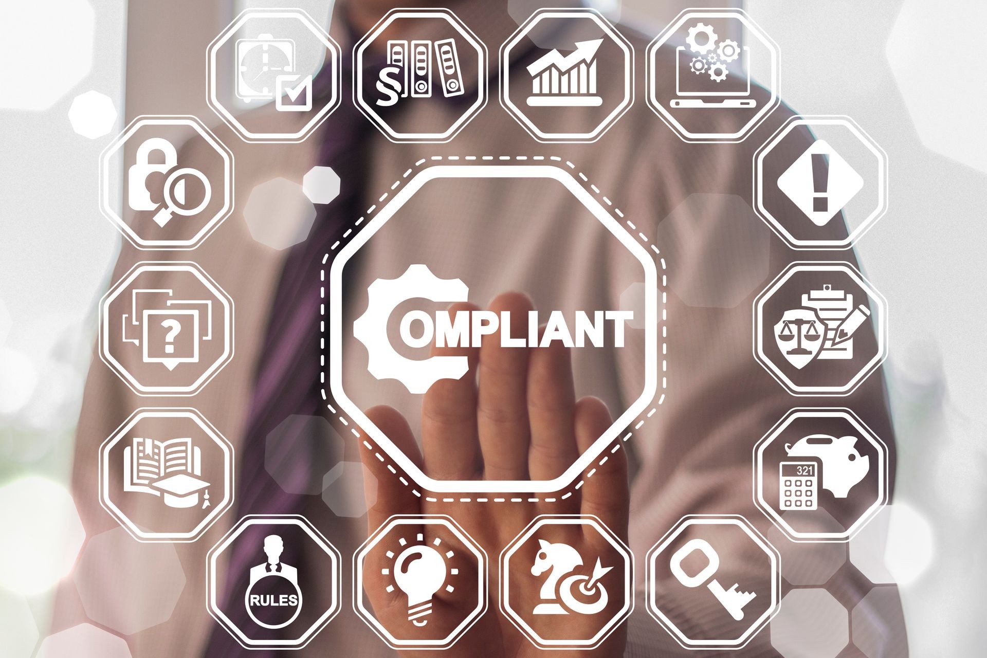 Man on a virtual interface presses compliant cogwheel button. COMPLIANCE, REGULATIONS, STANDARDS, POLICIES and RULES.